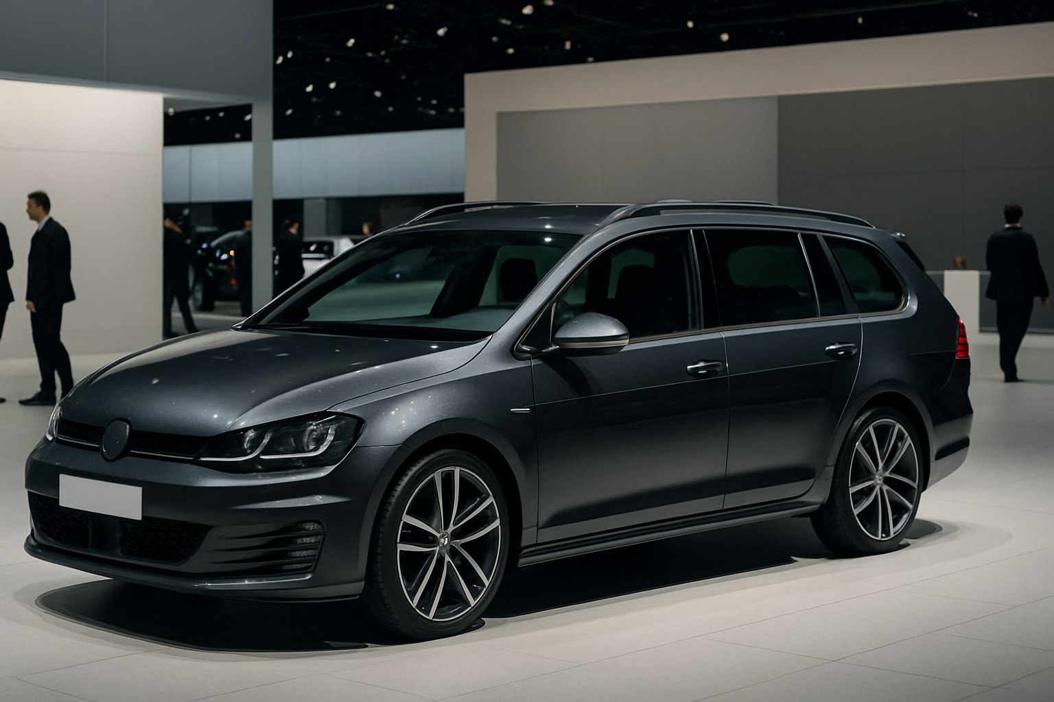 A sleek dark grey station wagon with tinted windows and alloy wheels displayed under bright indoor lighting on a showroom floor