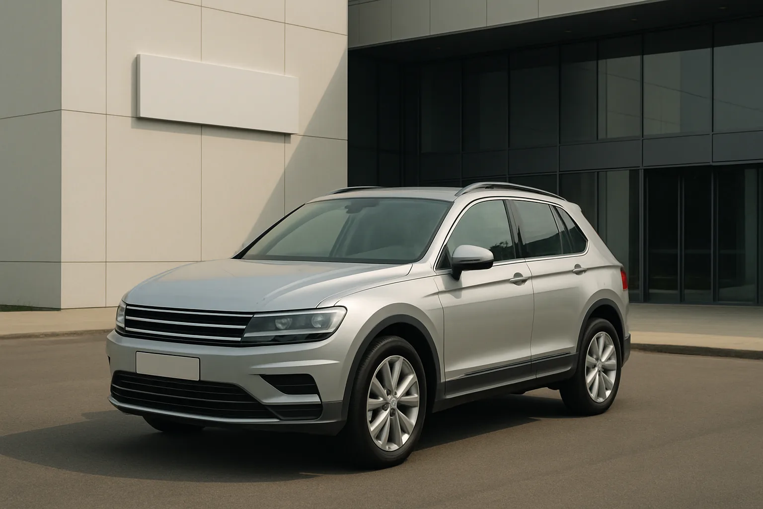 A silver SUV with blank nameplates parked on a smooth driveway in front of a modern glass and concrete building