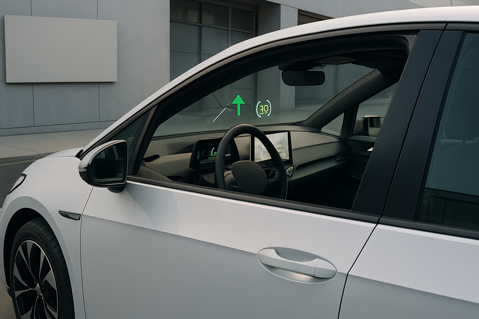 White car with black trim parked by a grey building, showing a digital arrow and speed on the windshield inside the cockpit