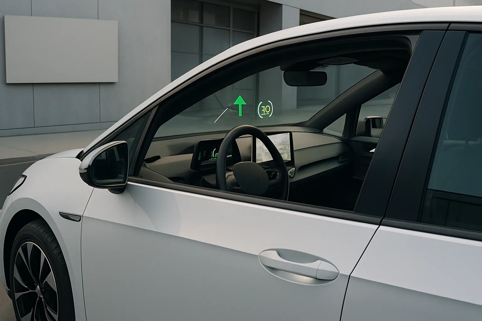 White car with black trim parked by a grey building, showing a digital arrow and speed on the windshield inside the cockpit