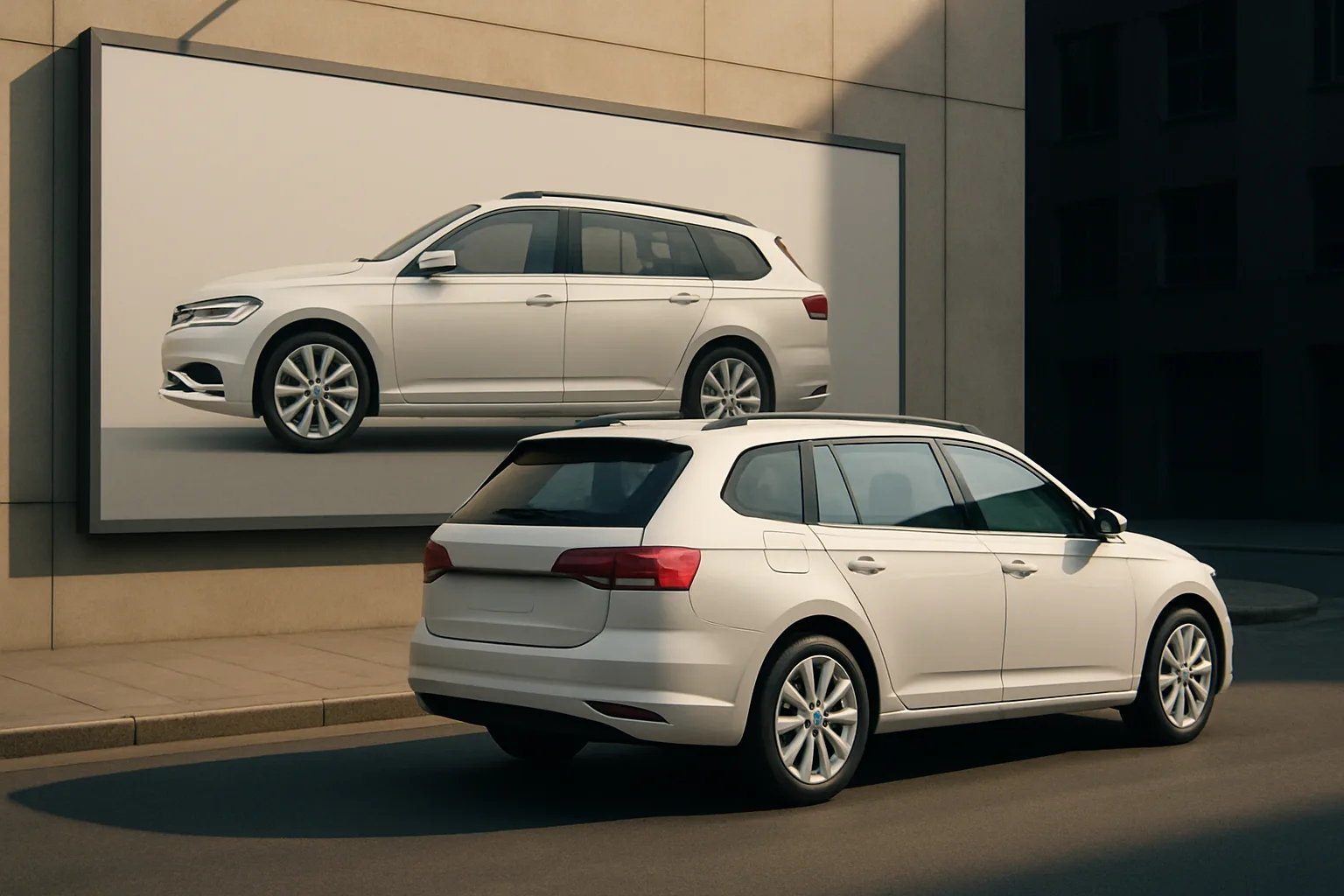 A white estate car parked near a beige wall with a large billboard showing a side view of a similar car in soft lighting