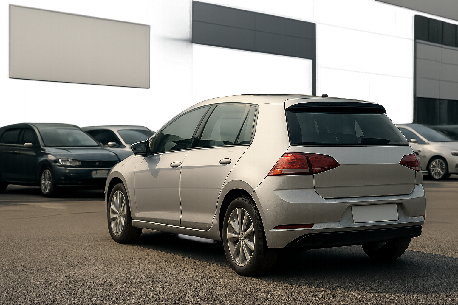 A silver hatchback with tinted windows parked on asphalt beside several dark-coloured cars in front of grey buildings