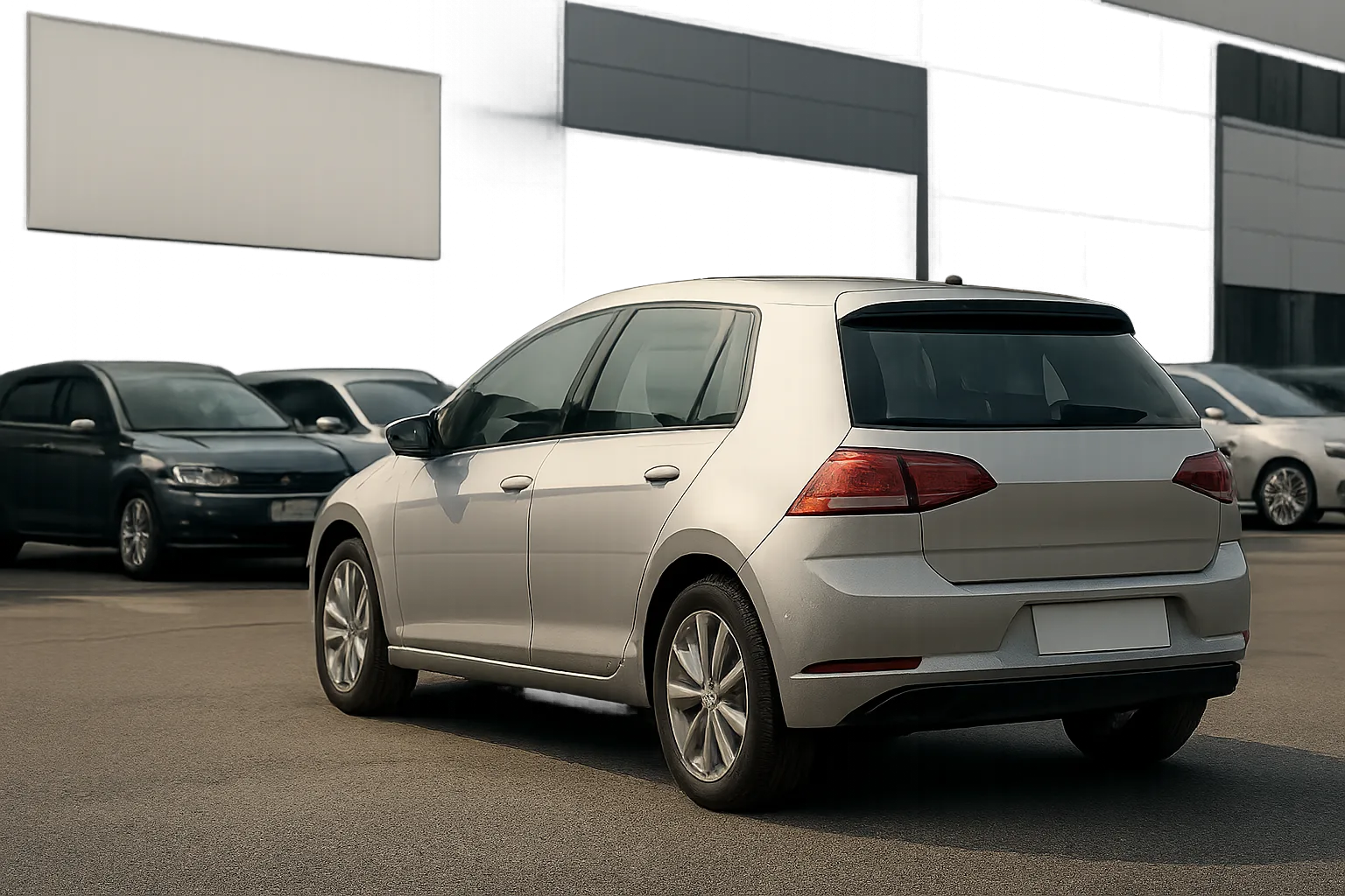 A silver hatchback with tinted windows parked on asphalt beside several dark-coloured cars in front of grey buildings