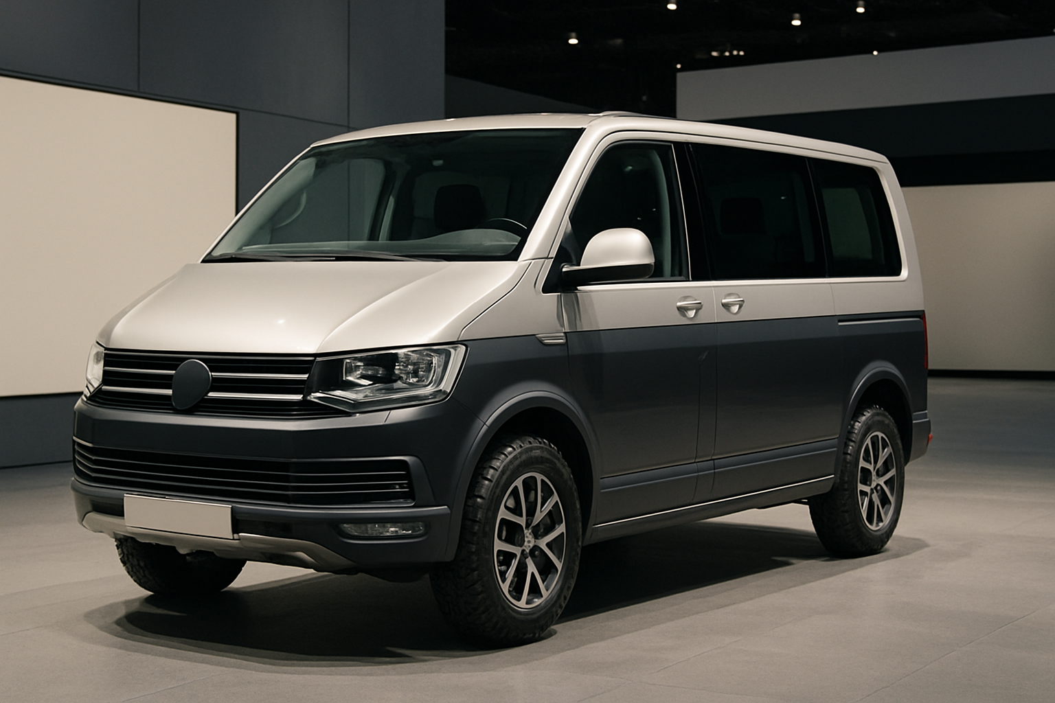 A two-tone van with a silver upper body and dark gray lower panels parked indoors under soft lighting