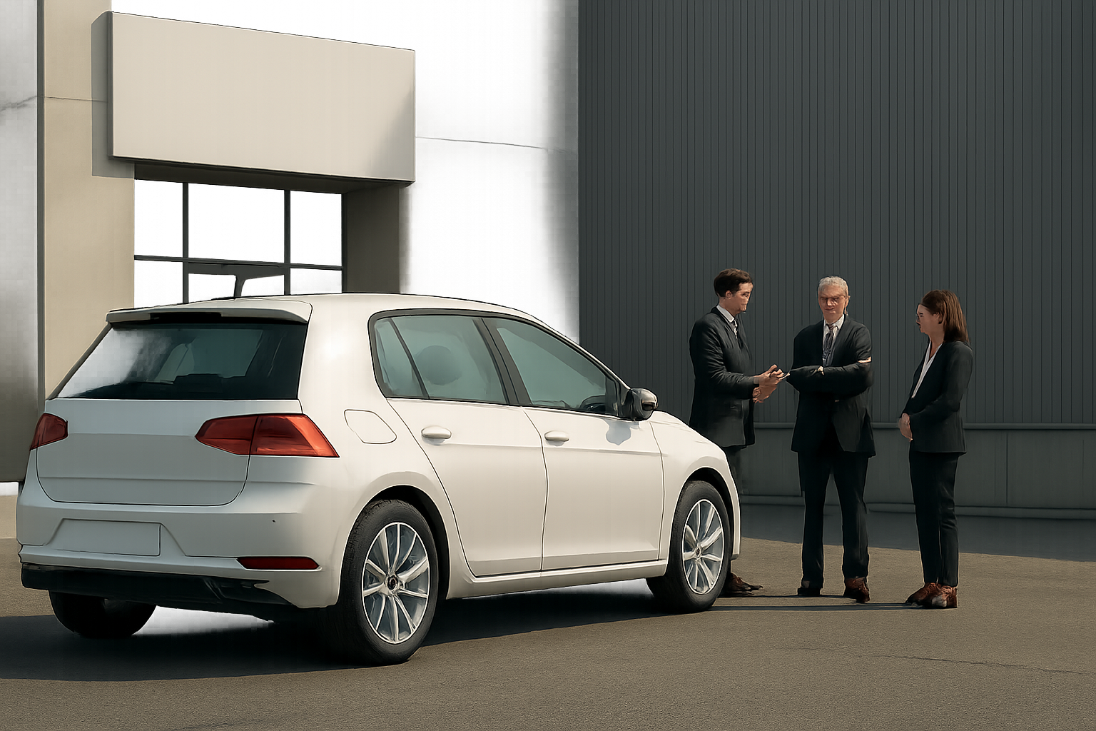 Three people in business attire stand in discussion beside a white hatchback car outside a modern industrial building