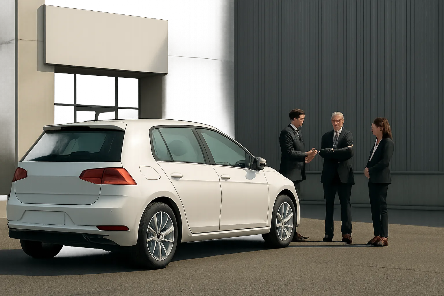 Three people in business attire stand in discussion beside a white hatchback car outside a modern industrial building