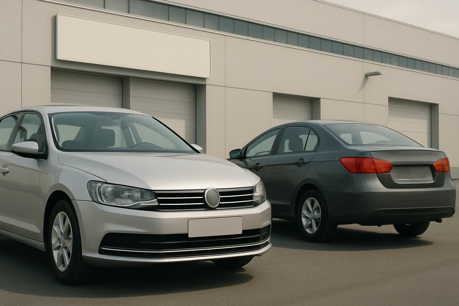 Two generic silver and dark grey sedans parked side by side in front of a modern industrial building