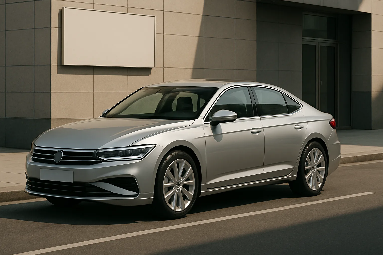 A silver four-door sedan with sleek lines parked on a sunlit street beside a modern concrete building