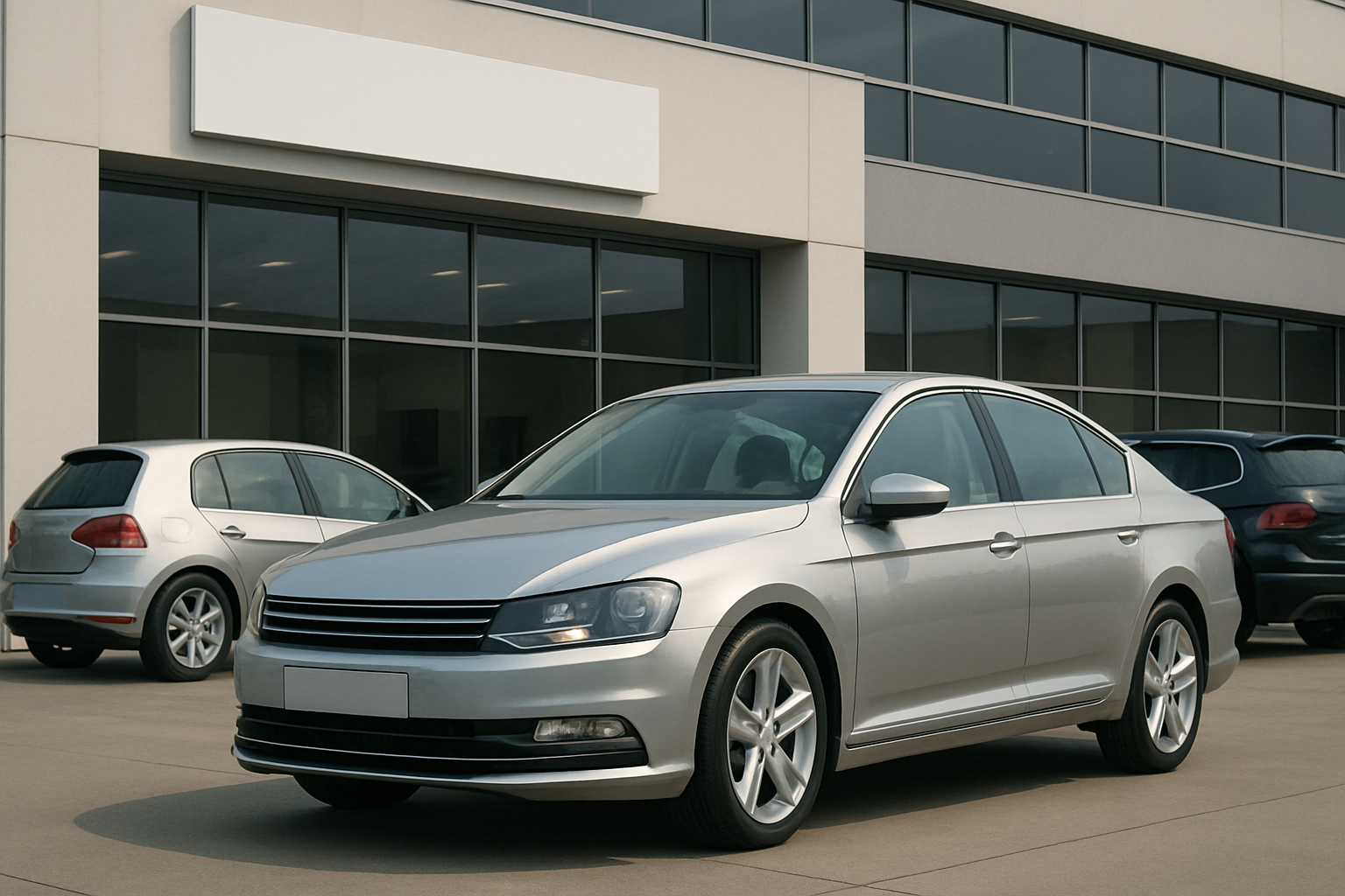 A silver sedan and two hatchbacks parked on a smooth concrete surface in front of a modern glass-walled building