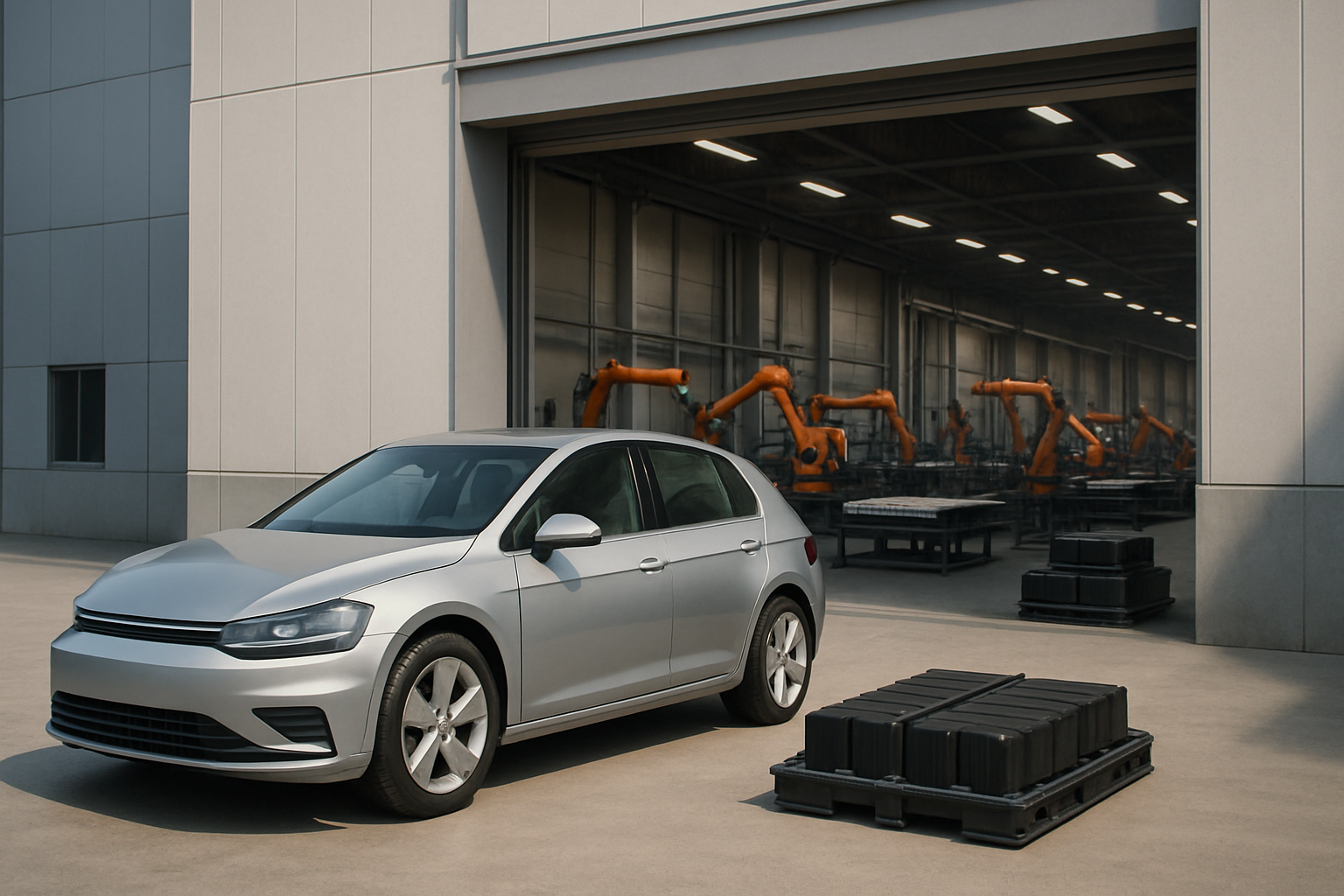 A silver hatchback parked beside stacked black battery packs outside a modern industrial building with robotic arms inside