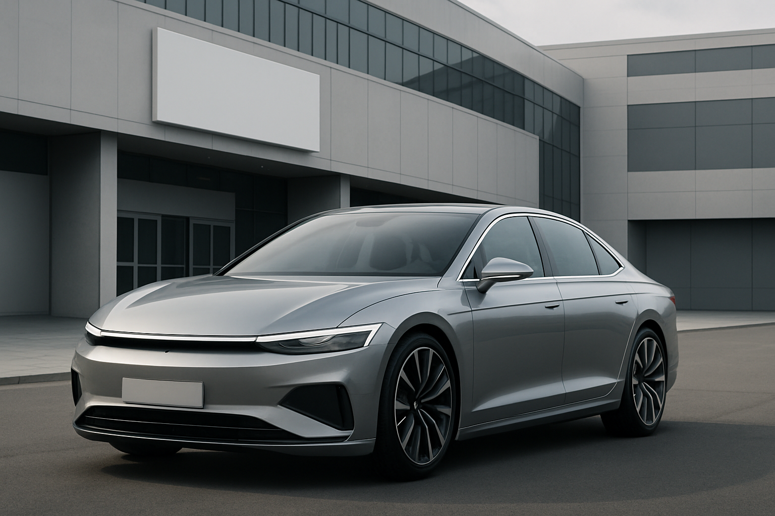 A sleek silver sedan with smooth lines and dark tinted windows parked in front of a modern, grey building