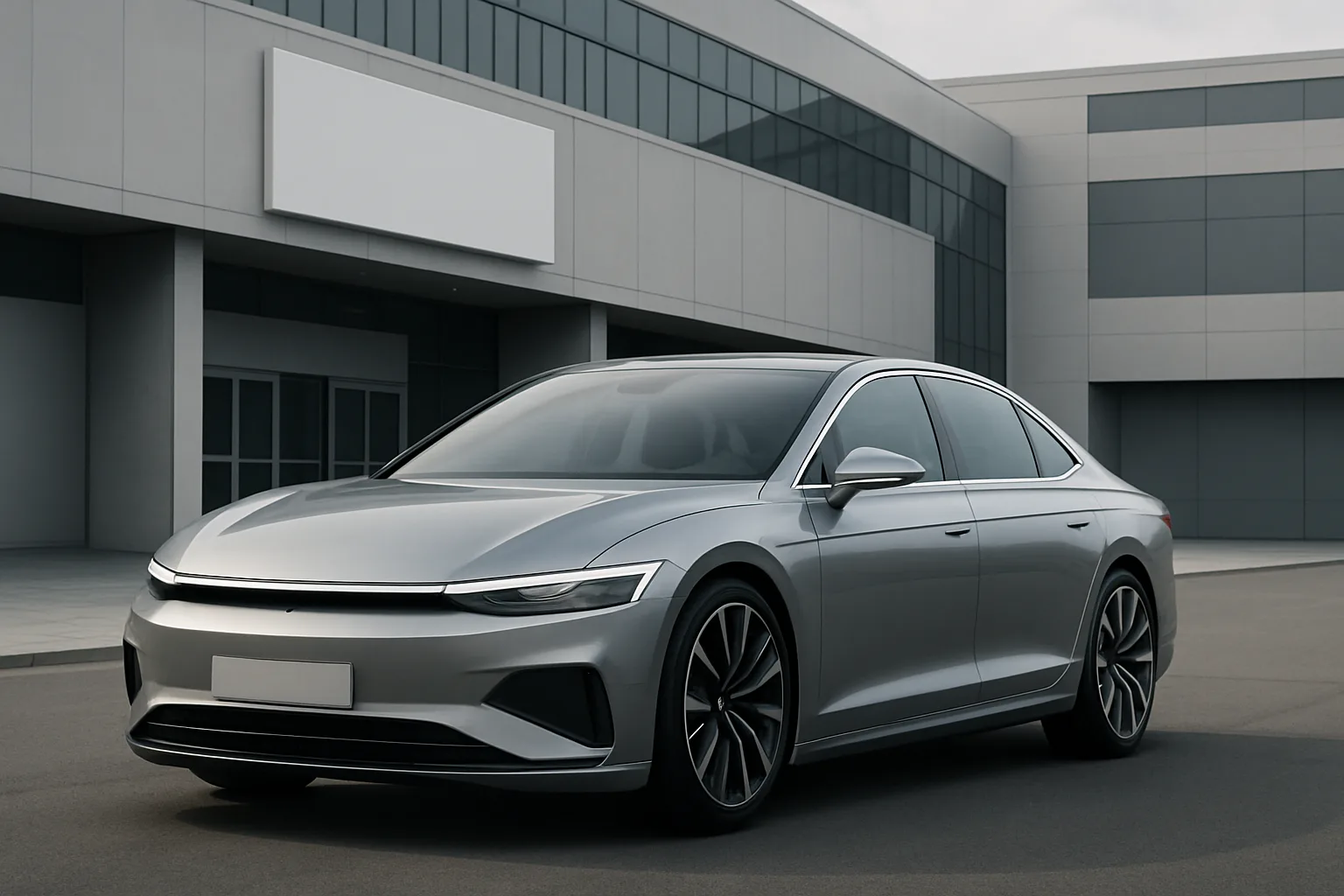 A sleek silver sedan with smooth lines and dark tinted windows parked in front of a modern, grey building