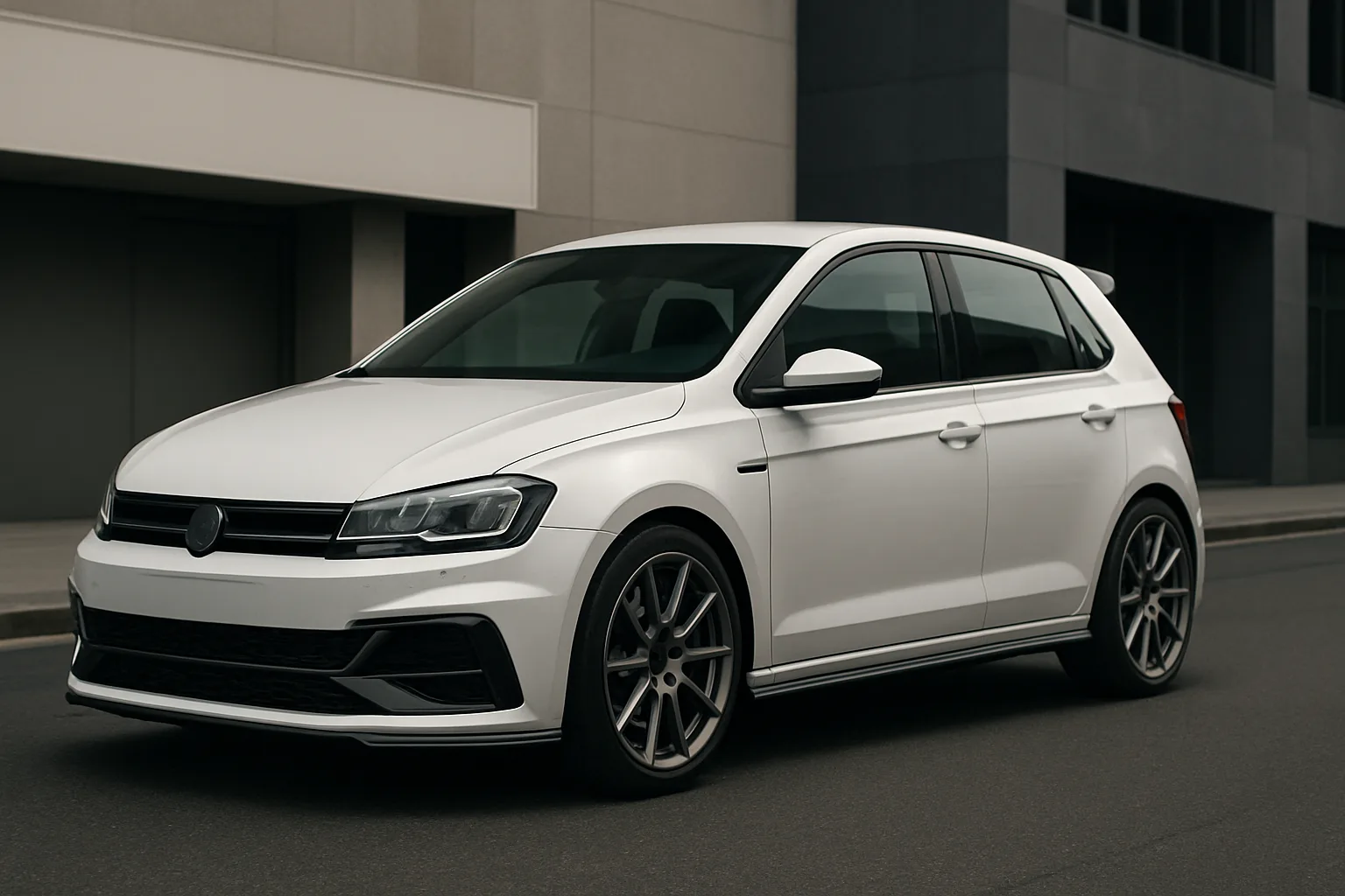 A sleek white hatchback with dark alloy wheels, sharp headlights and black trim parked beside modern grey buildings