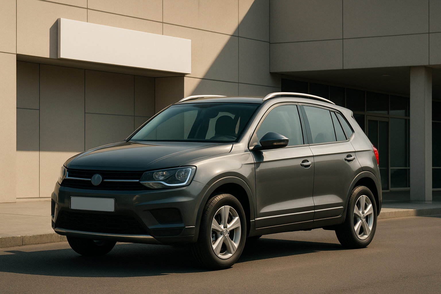 A compact grey SUV with silver trim parked on sunlit pavement in front of a modern beige building with geometric lines