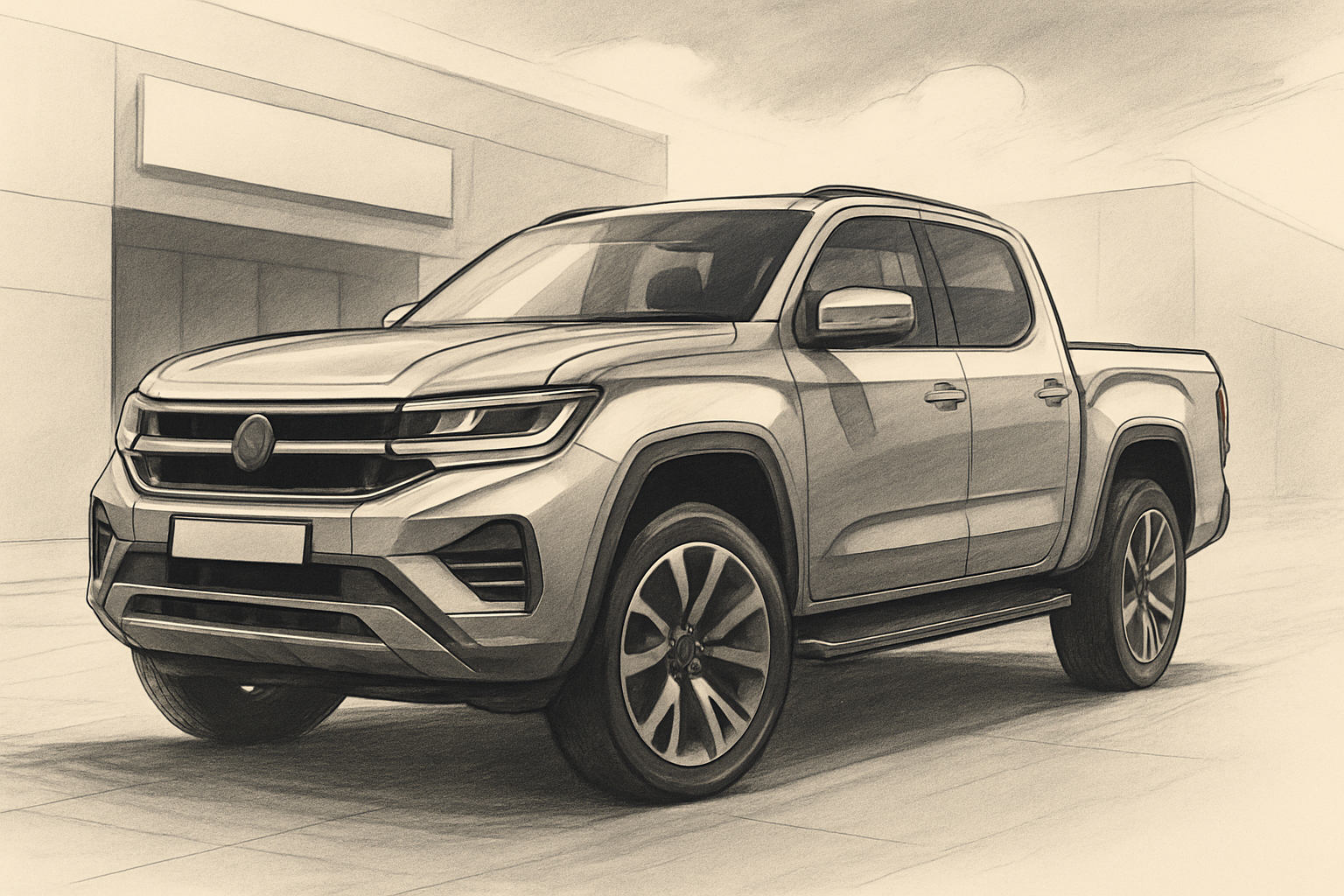 Angular pencil sketch of a modern pickup truck with bold lines and sleek headlights, parked in a sunlit urban setting