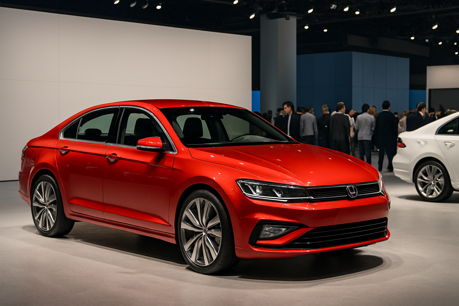 A glossy red four-door coupe with sharp lines and large wheels displayed under bright indoor lighting with people in the background