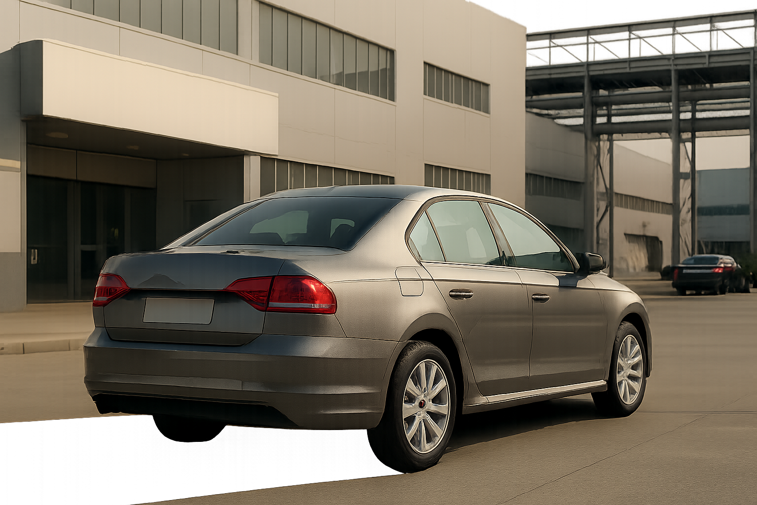 A silver sedan parked in an industrial area with modern buildings and soft afternoon light