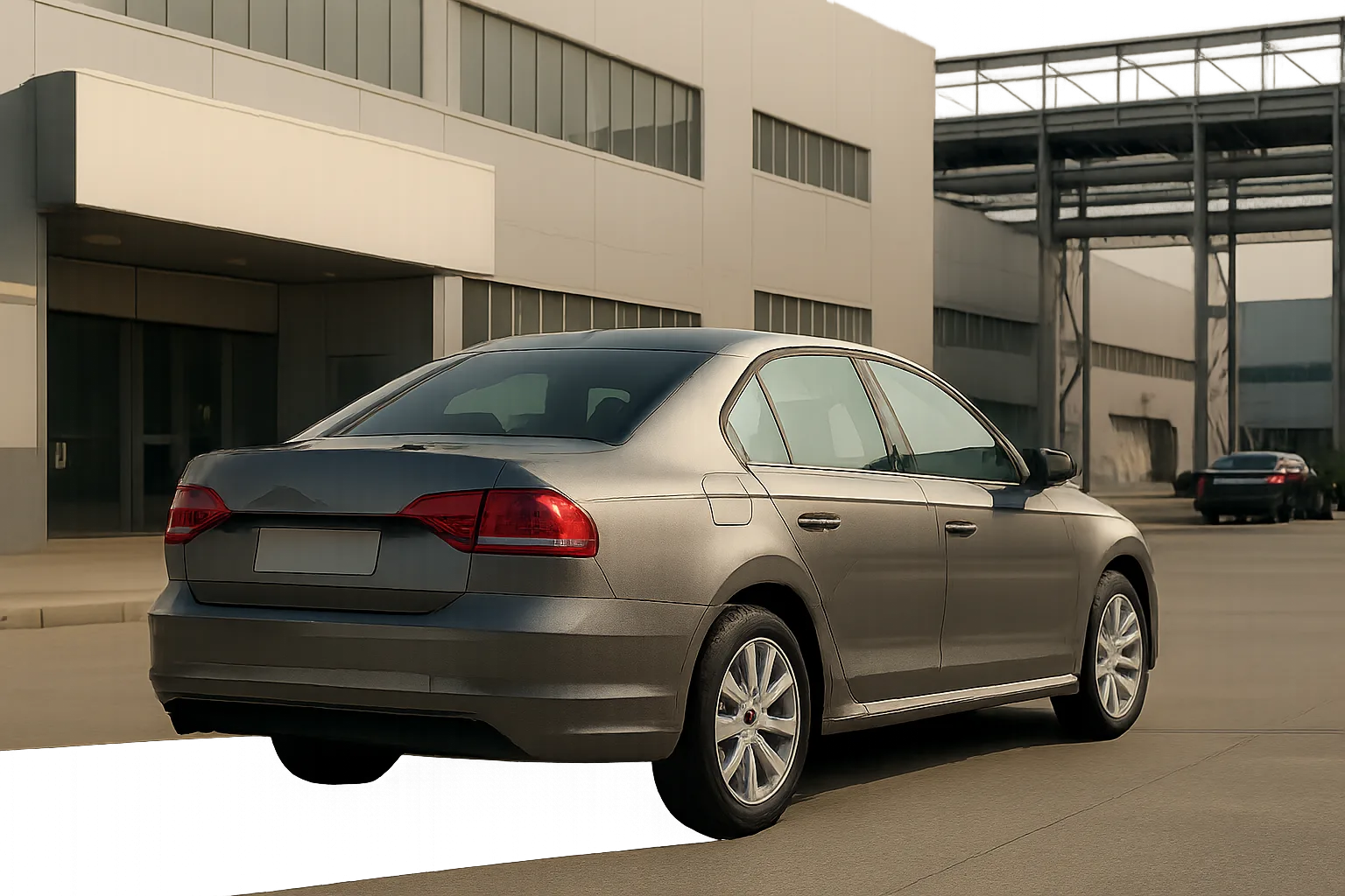 A silver sedan parked in an industrial area with modern buildings and soft afternoon light