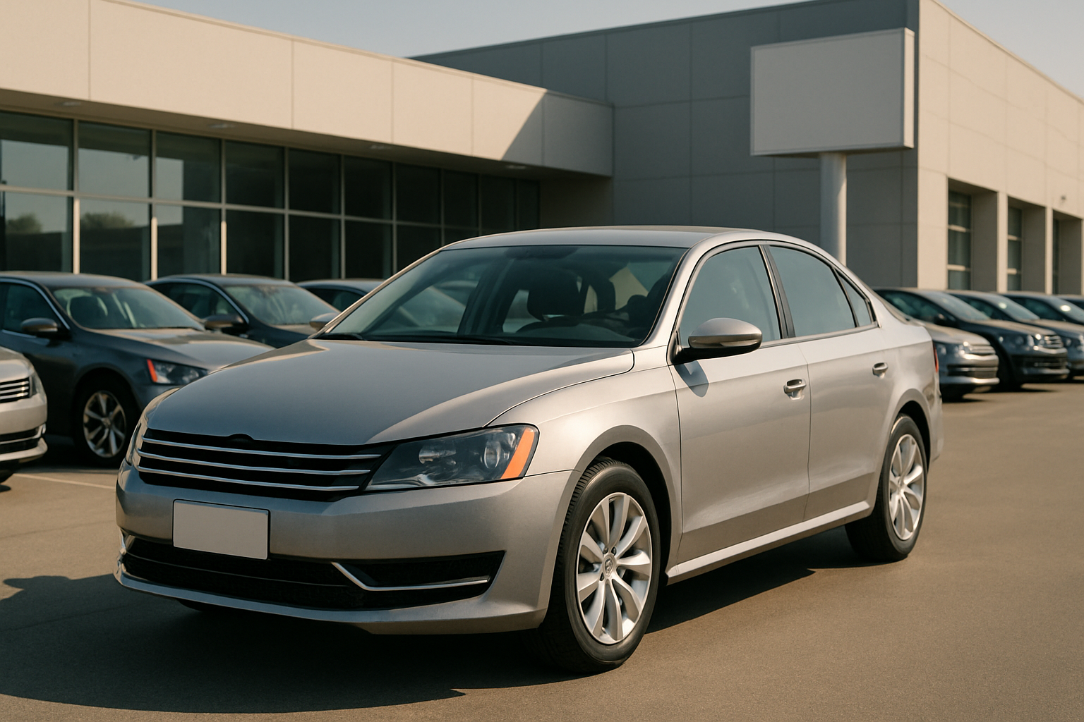 Silver sedan parked in front of a modern car dealership, with several other cars aligned in the background under clear daylight
