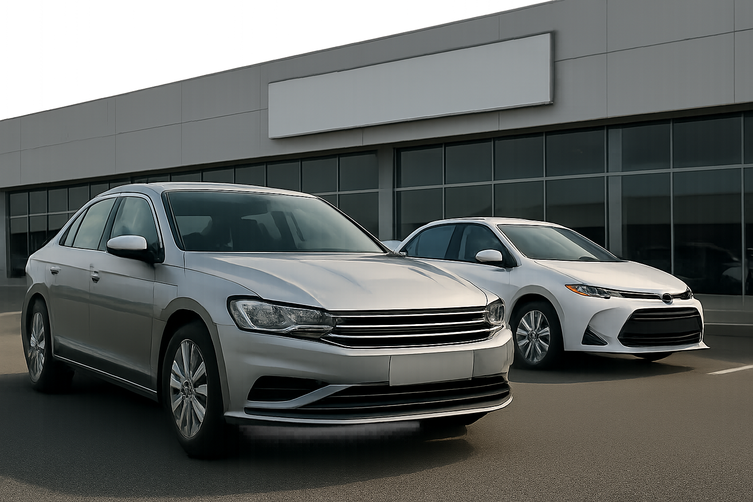 Two silver and white sedans parked side by side on an empty lot in front of a modern glass building