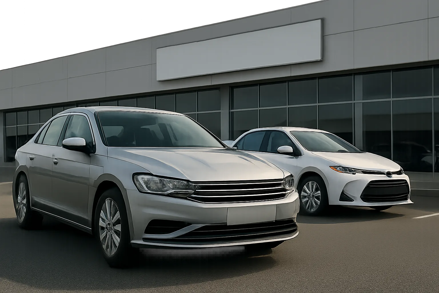 Two silver and white sedans parked side by side on an empty lot in front of a modern glass building