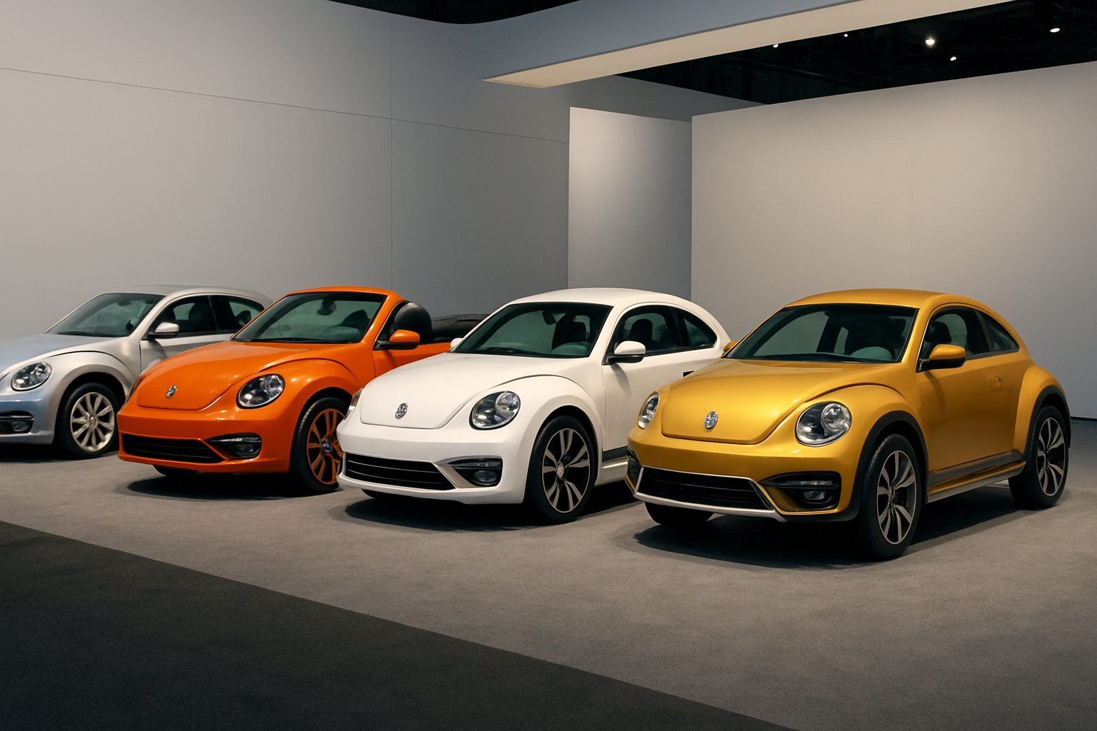 Four rounded, retro-styled cars in silver, orange, white and yellow displayed in a minimalist showroom under soft lighting