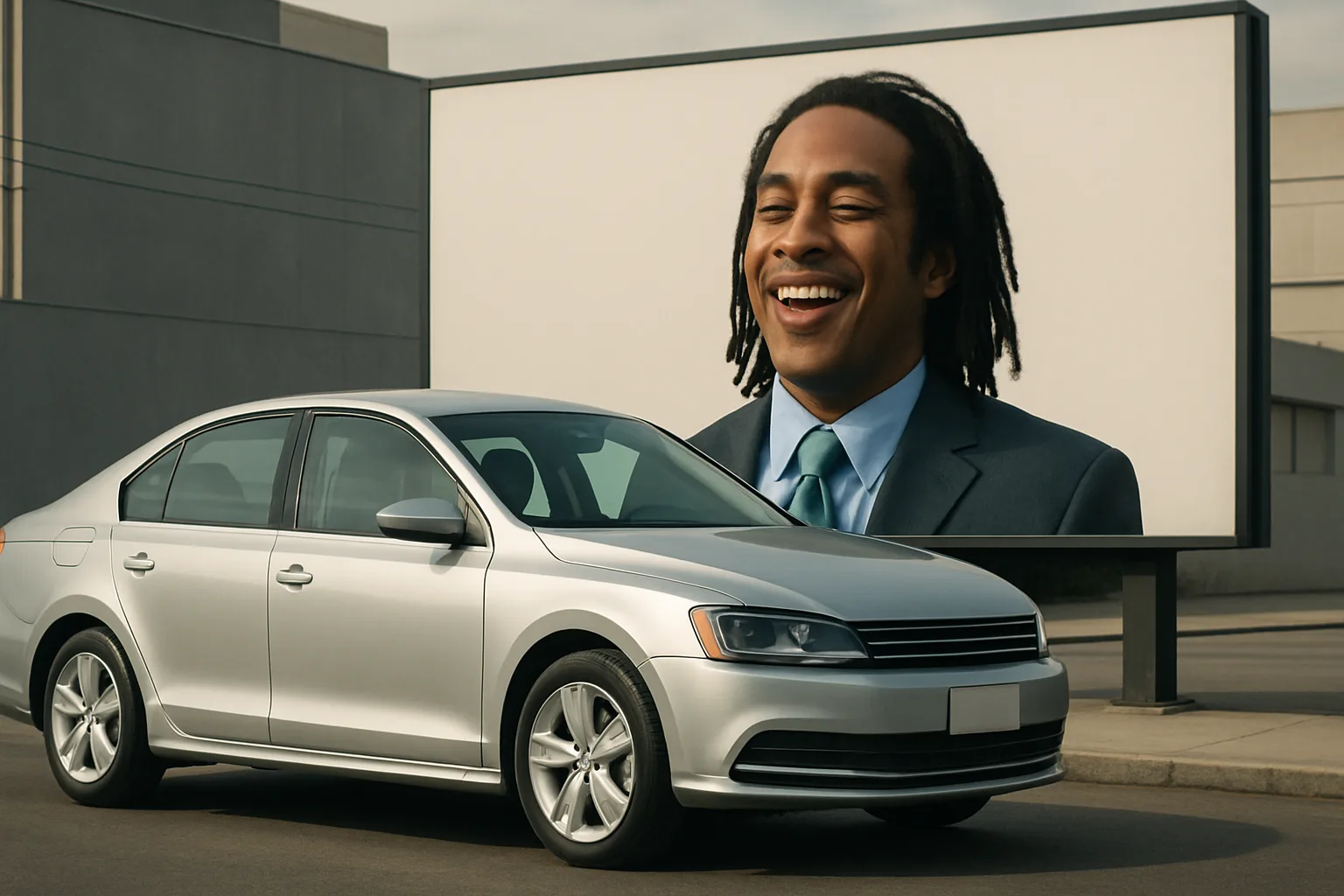 A silver sedan parked in front of a large billboard featuring a laughing man in a suit against a cloudy sky