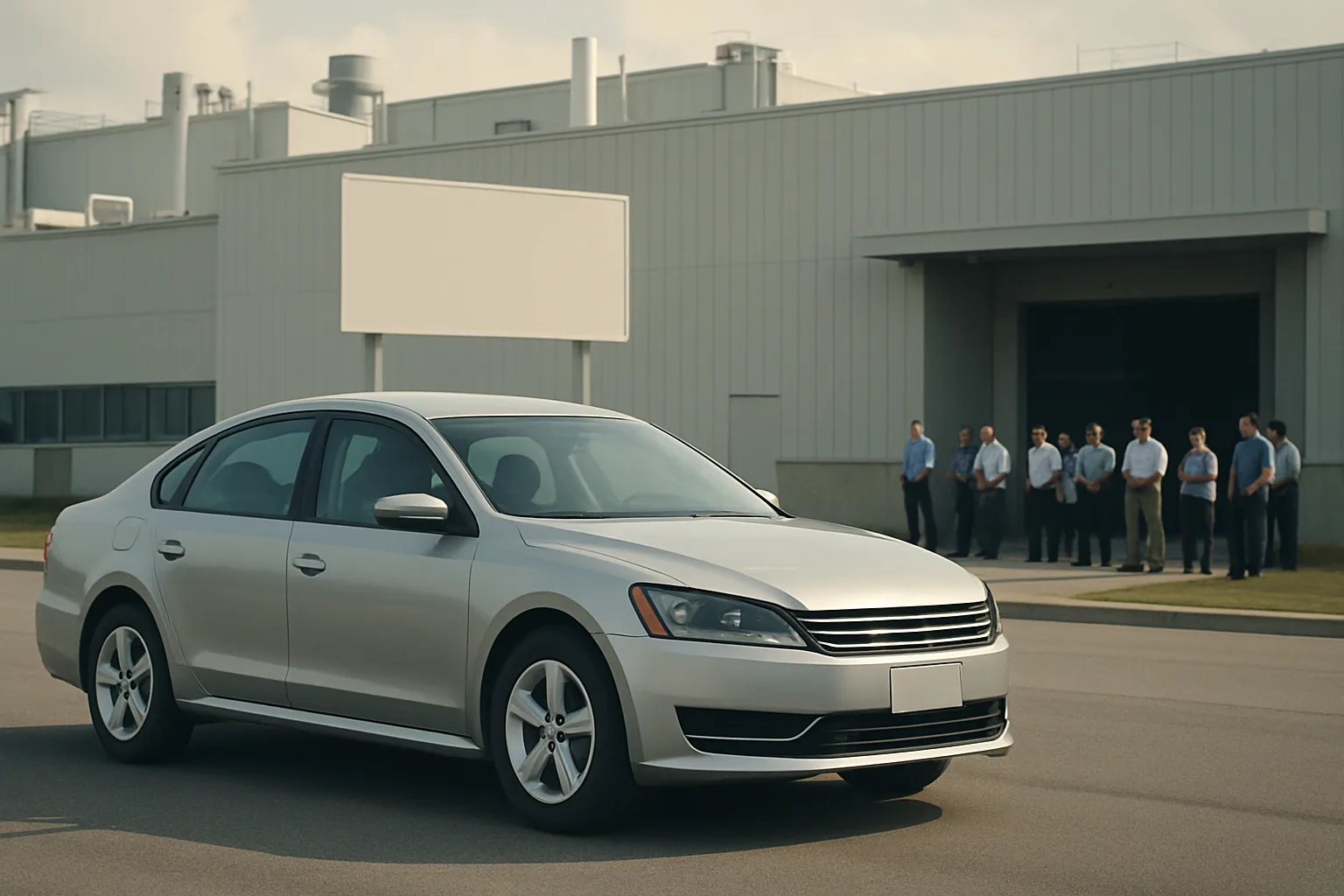 A silver sedan parked on a road in front of a large industrial building with a group of people standing together in the background