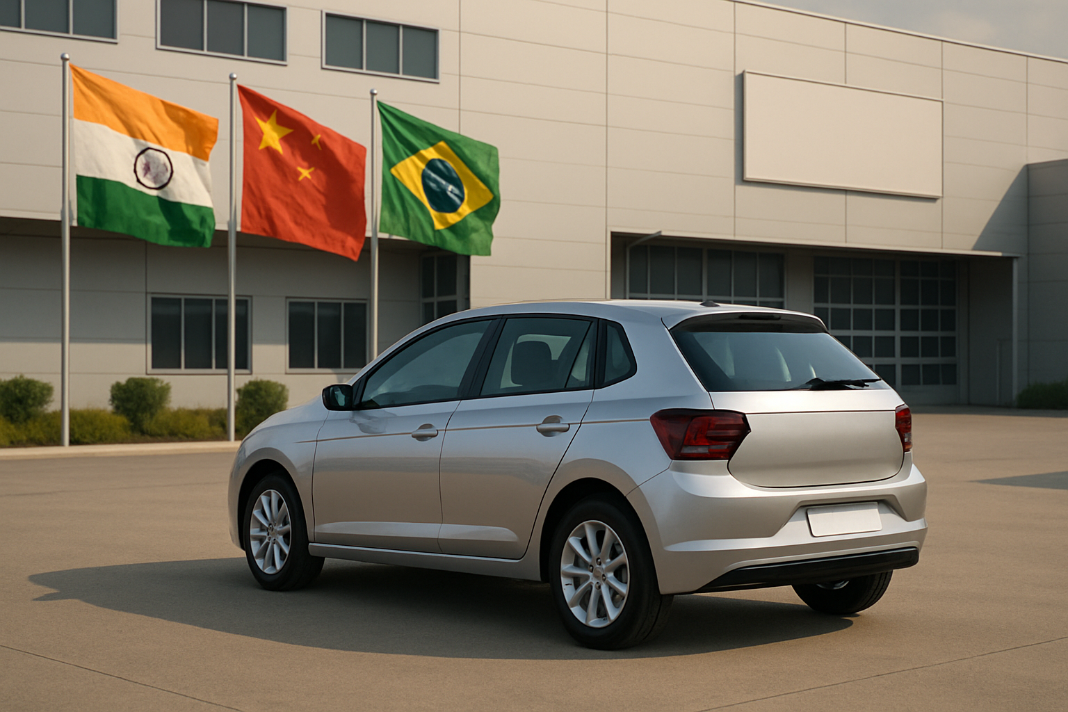 A silver hatchback parked on light concrete in front of a modern grey building with Indian, Chinese and Brazilian flags