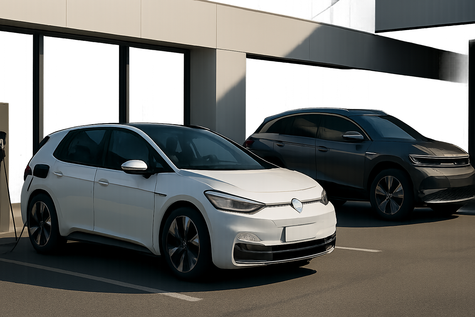 Two sleek electric cars, one white and one dark grey, parked side by side in sunlight against a modern building
