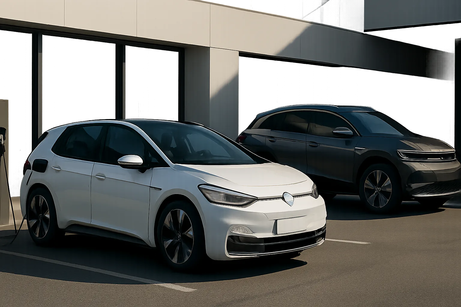 Two sleek electric cars, one white and one dark grey, parked side by side in sunlight against a modern building