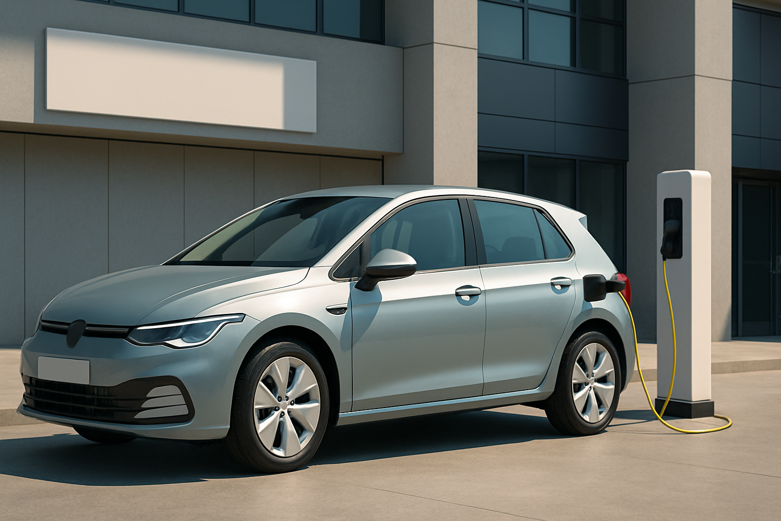 Silver compact hatchback parked beside a white charging station on a sunlit concrete surface with modern buildings behind