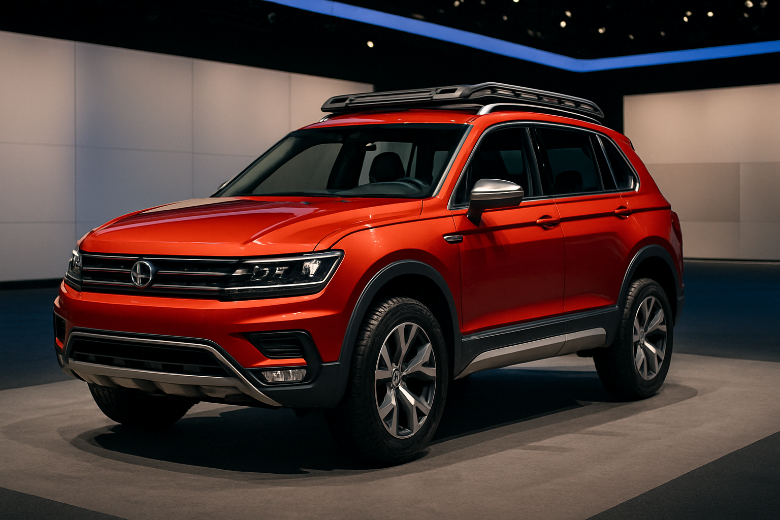 Bright orange SUV with black roof rails, silver trim, and large wheels parked indoors under soft, even lighting