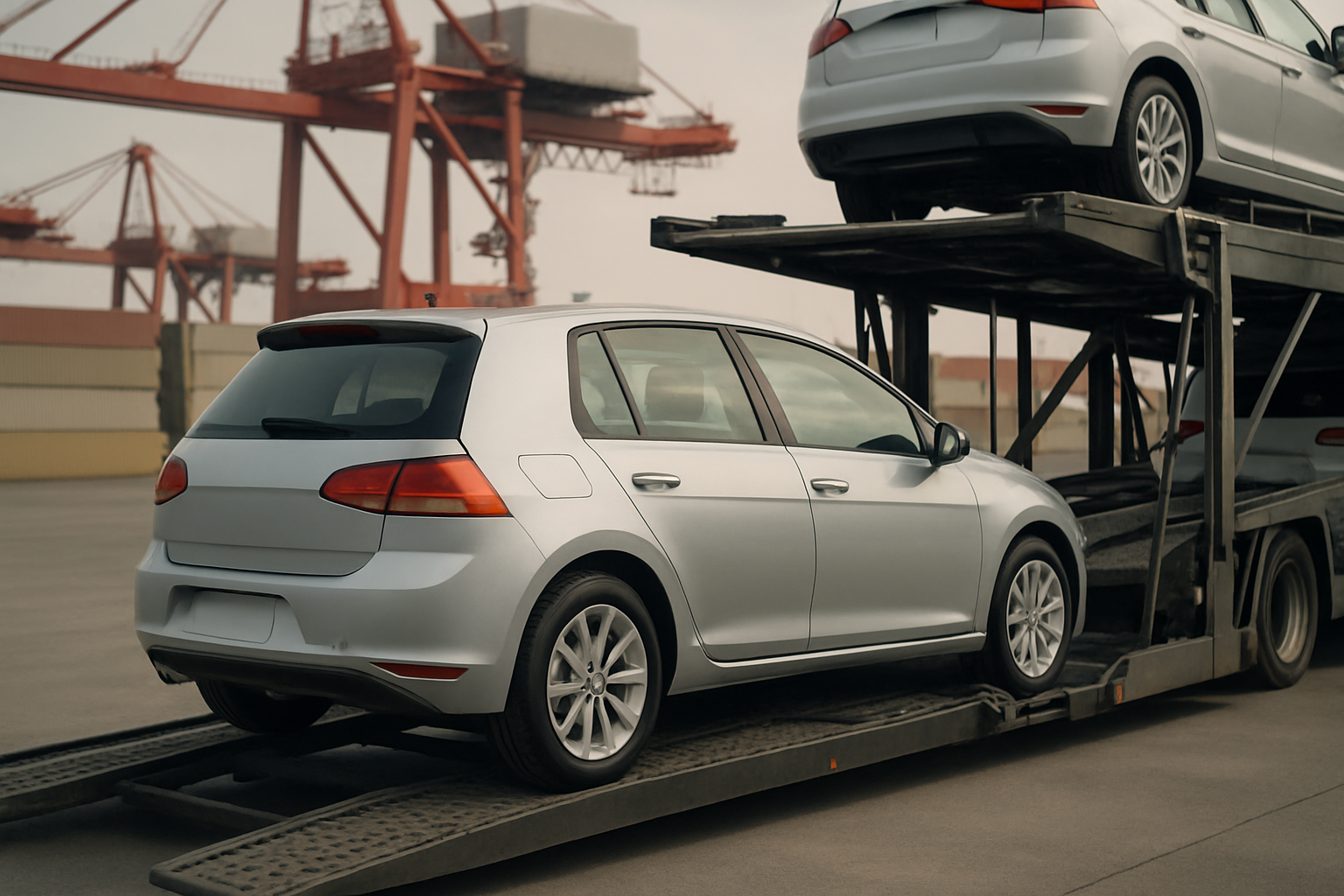 Silver hatchback cars on a transporter in a shipping yard with cranes and containers in the background, under soft daylight