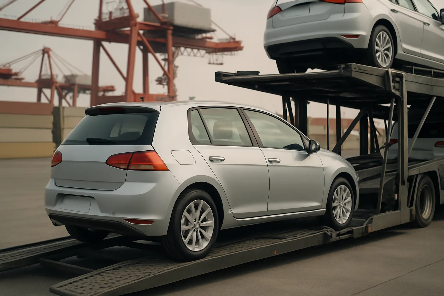 Silver hatchback cars on a transporter in a shipping yard with cranes and containers in the background, under soft daylight