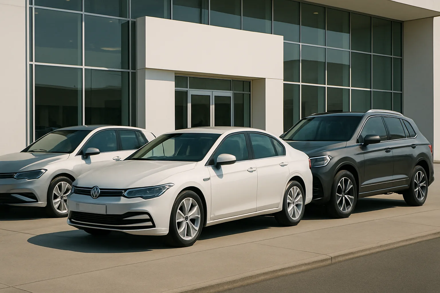 Three modern cars in white and dark gray parked on a clean concrete driveway outside a bright, glass-fronted building