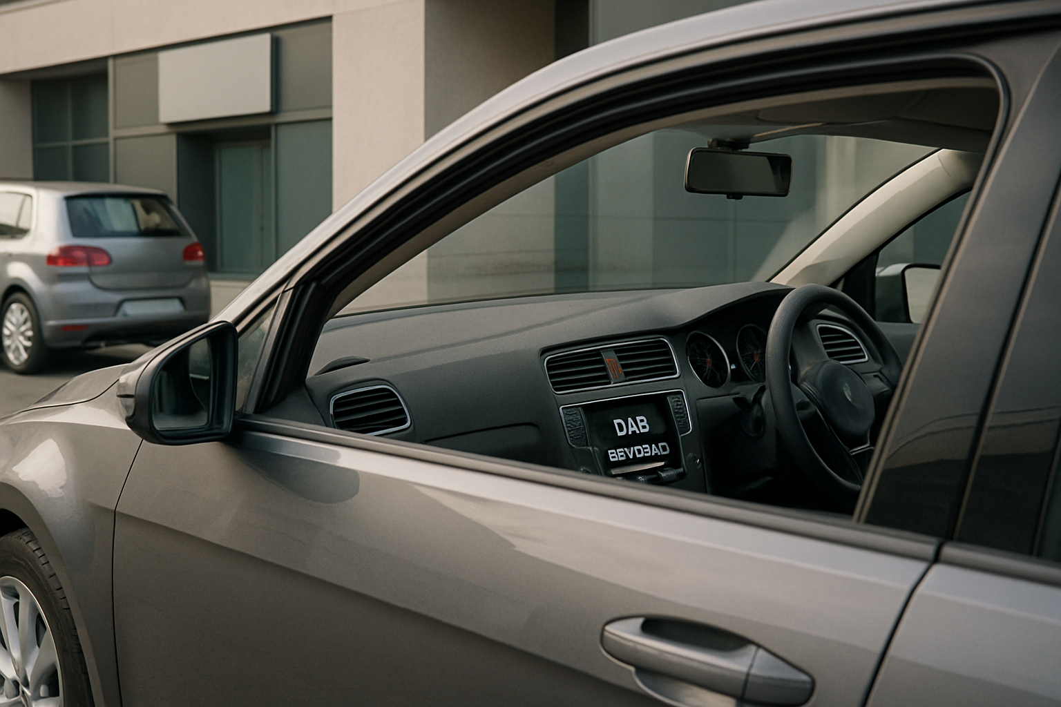 Close-up view through an open car window showing a dark dashboard with a display reading "DAB BEYOND" in white text
