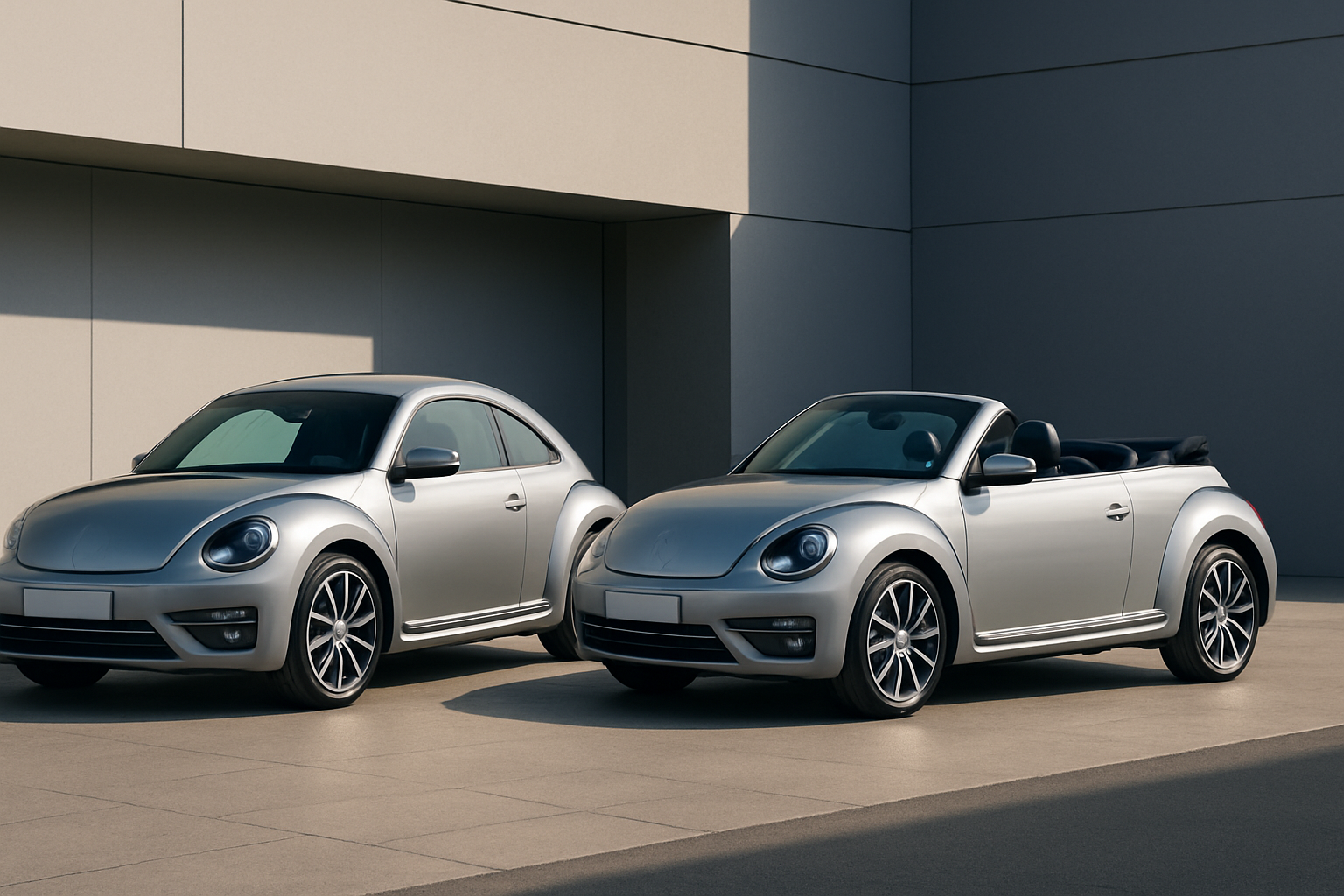 Two sleek silver cars, one with a hardtop and one a convertible, parked on sunlit beige paving against a minimalist modern wall