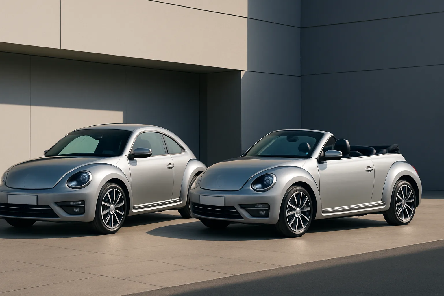 Two sleek silver cars, one with a hardtop and one a convertible, parked on sunlit beige paving against a minimalist modern wall