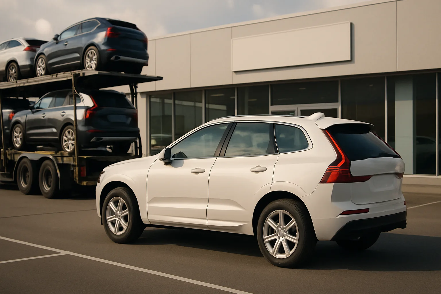White SUV parked on asphalt in front of a glass-fronted dealership, with three dark SUVs stacked on a nearby car transporter