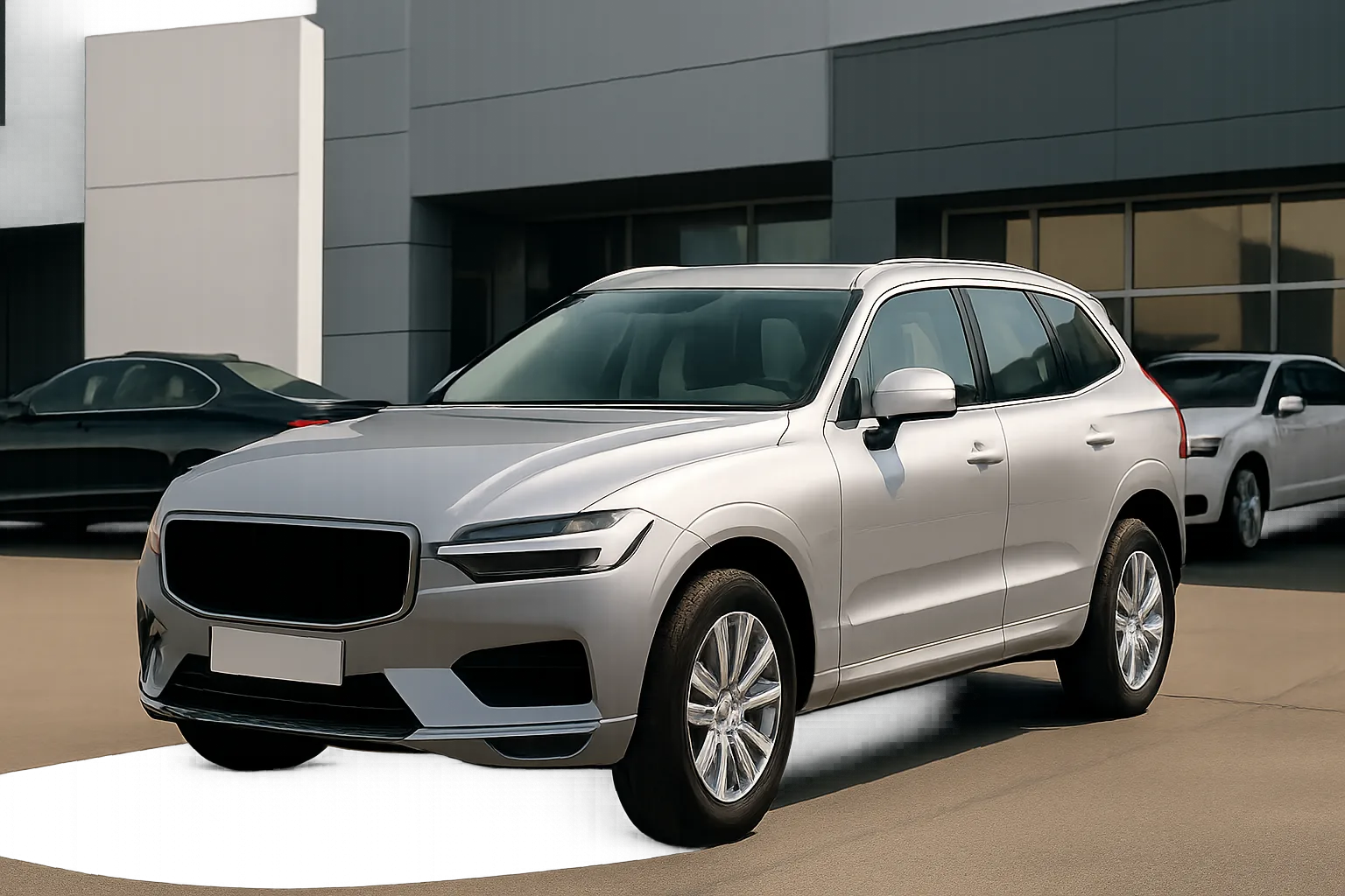 Silver SUV with dark-tinted windows parked on a sunlit concrete forecourt beside a modern grey and white building