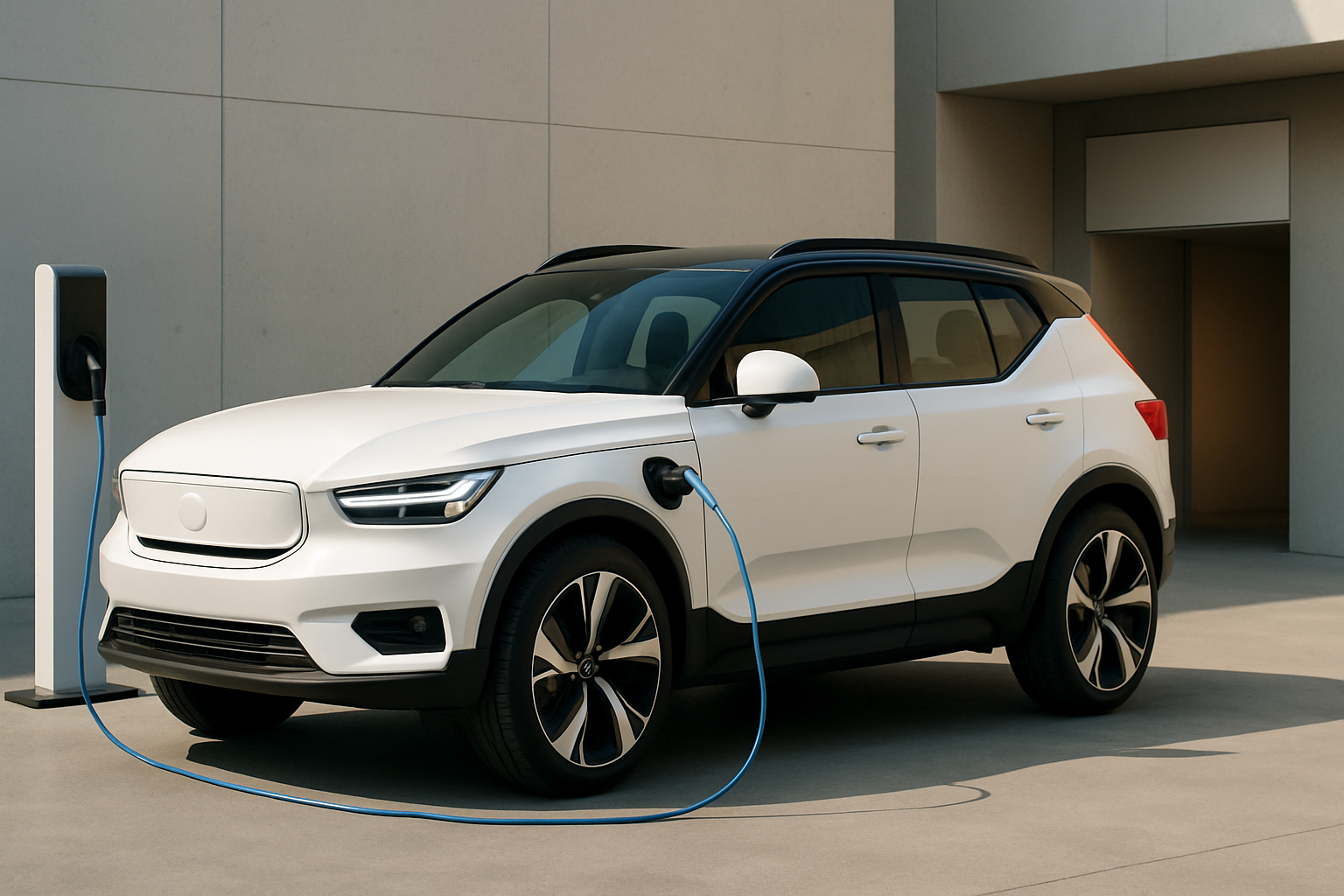 Compact white SUV with black roof charging at a station in a sunlit, minimal, sandy-colored courtyard