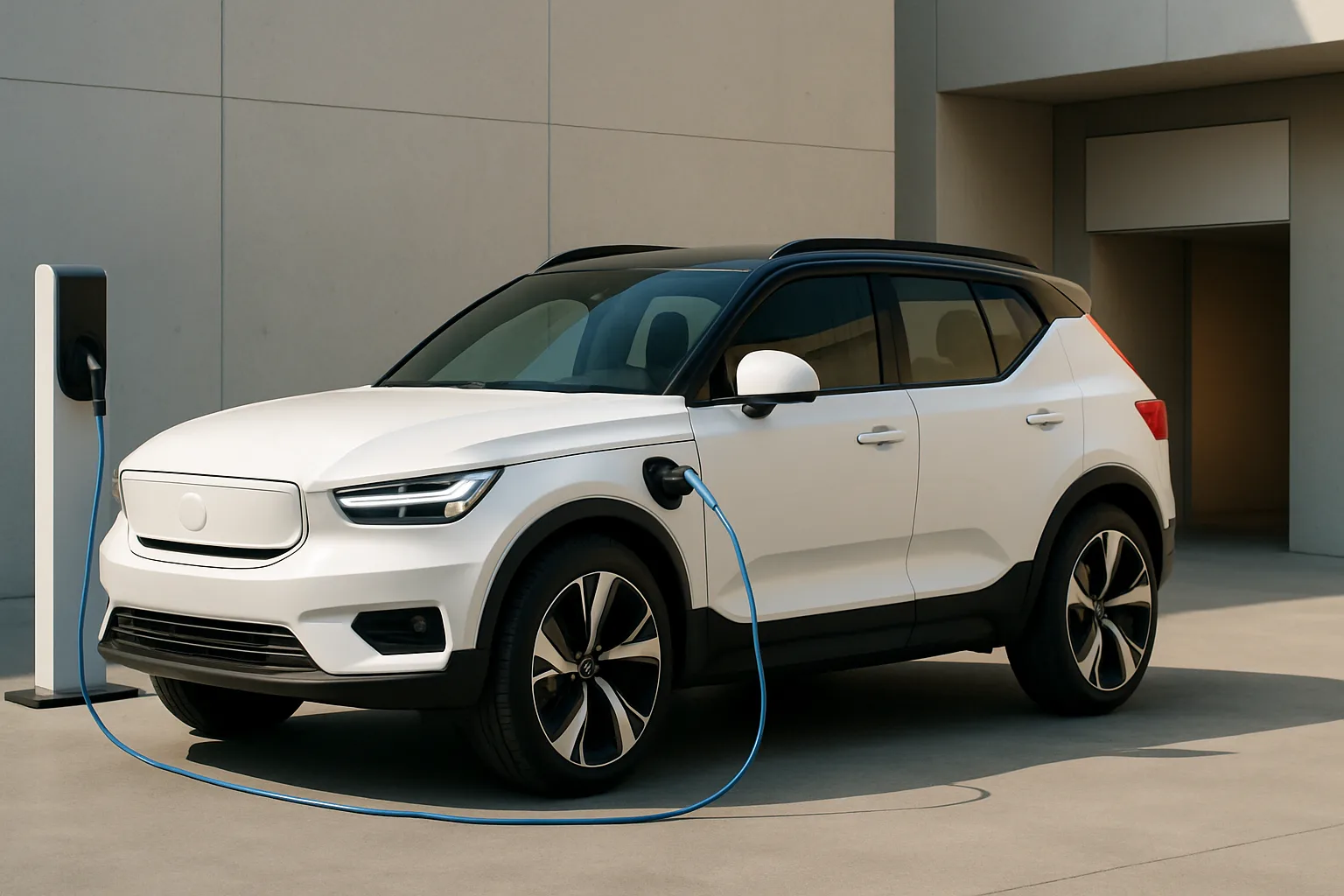 Compact white SUV with black roof charging at a station in a sunlit, minimal, sandy-colored courtyard
