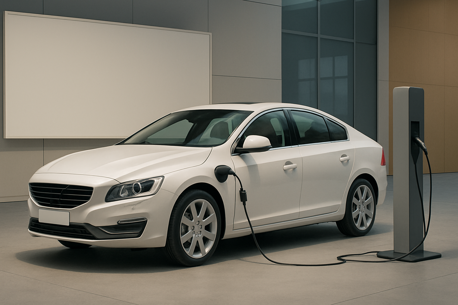 White sedan plugged into a sleek, modern charging station inside a spacious, softly lit showroom with neutral-toned walls