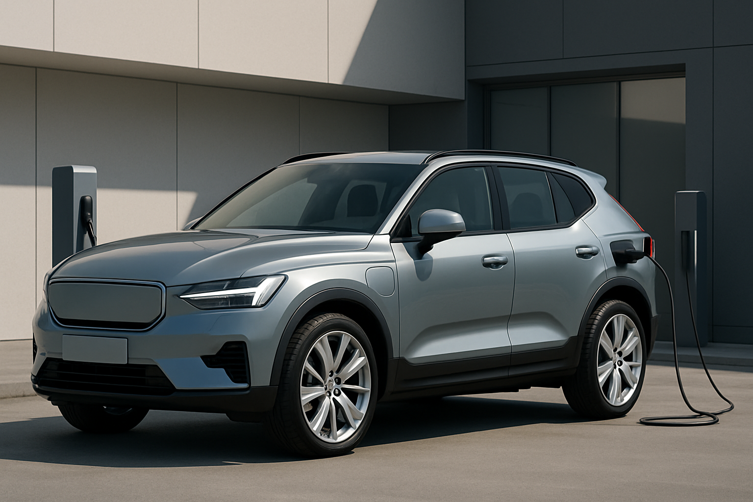 Sleek silver crossover SUV charging at a modern outdoor station beside a minimalist building, under soft daylight