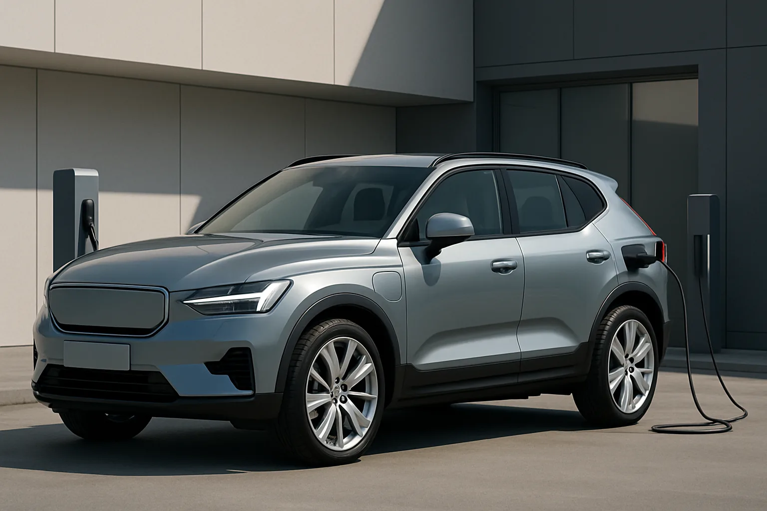 Sleek silver crossover SUV charging at a modern outdoor station beside a minimalist building, under soft daylight