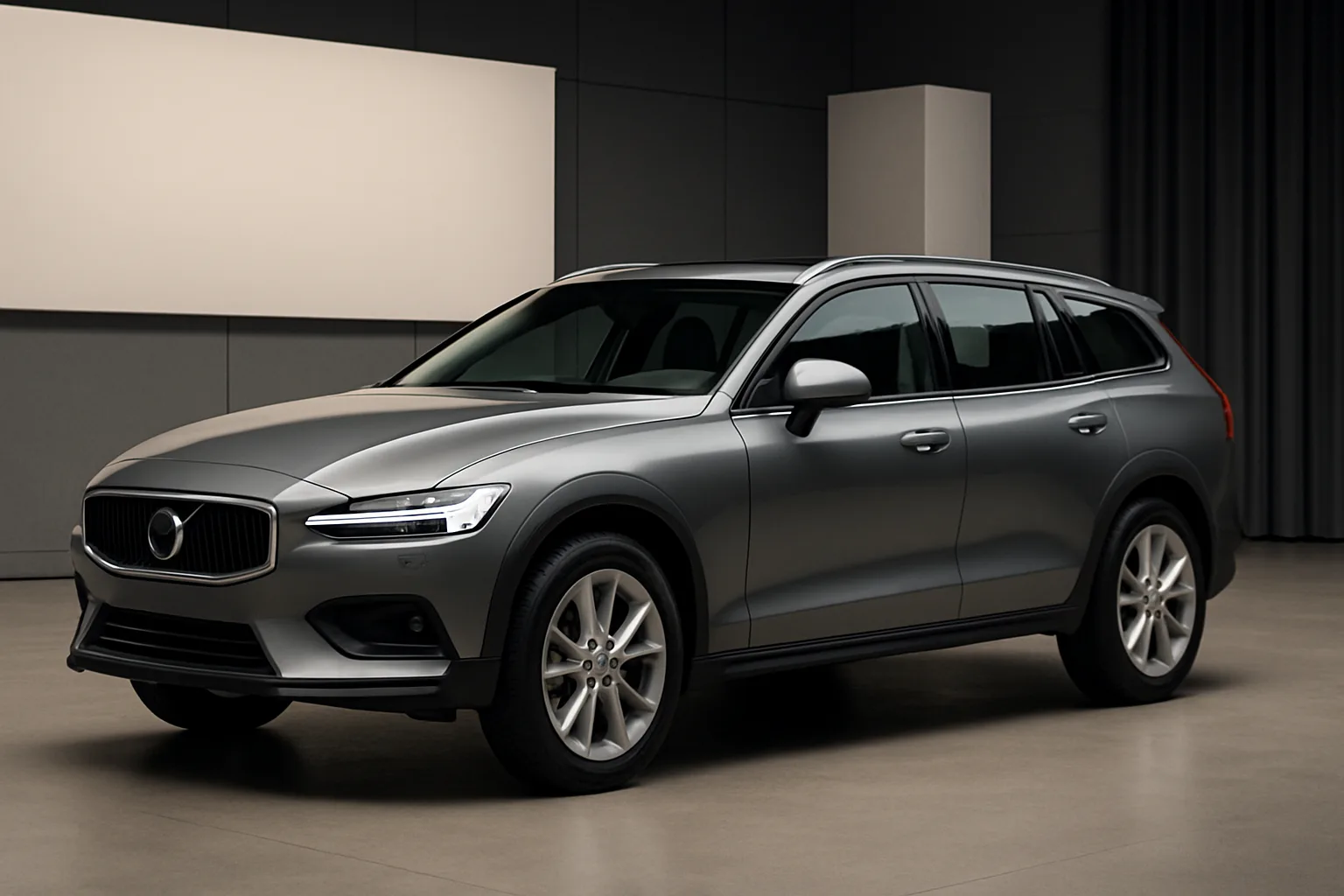 A sleek silver-grey wagon with dark trim and alloy wheels parked indoors under soft, even lighting