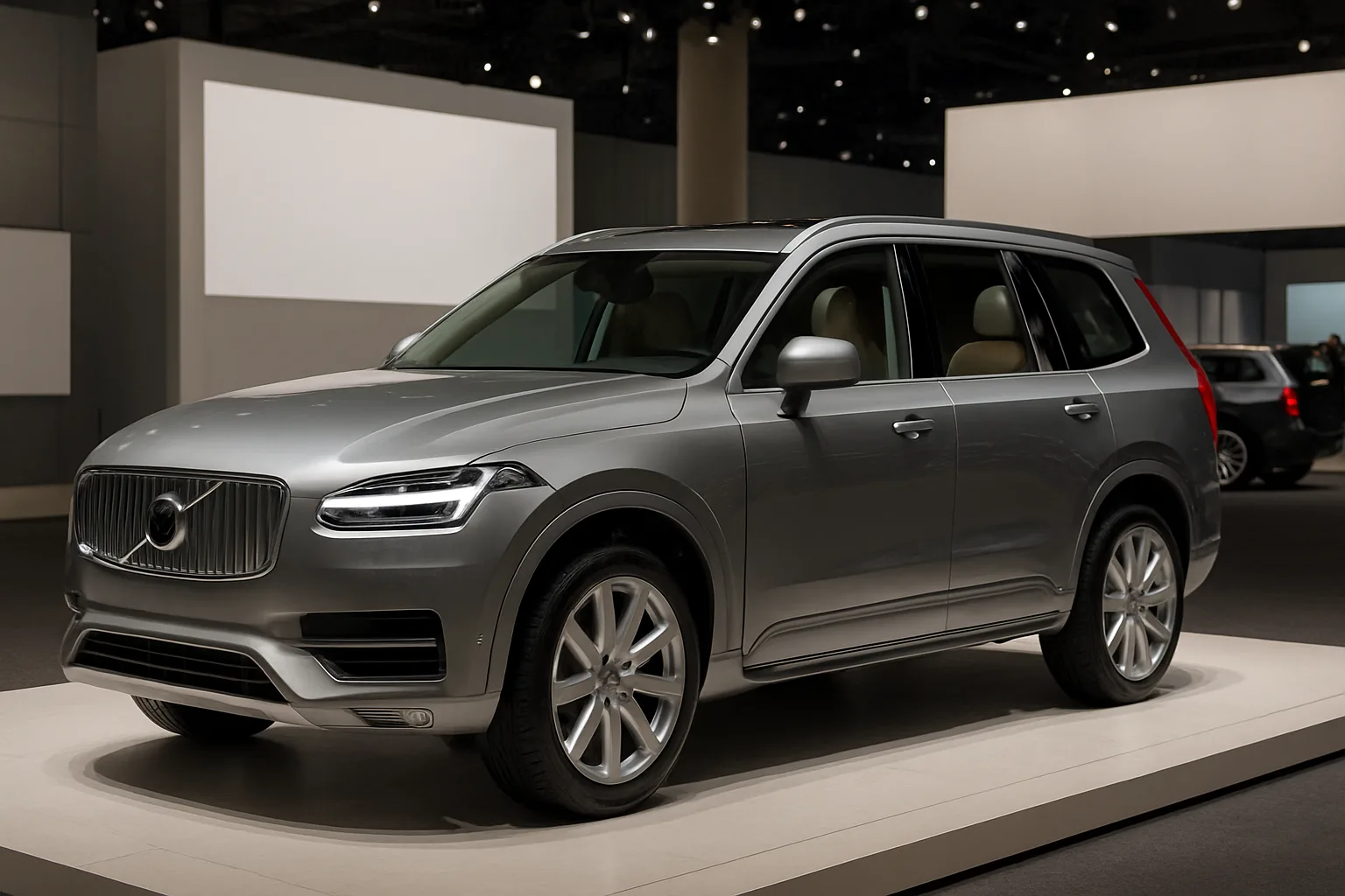 A sleek silver SUV with smooth contours and large alloy wheels displayed on a bright platform under soft showroom lighting