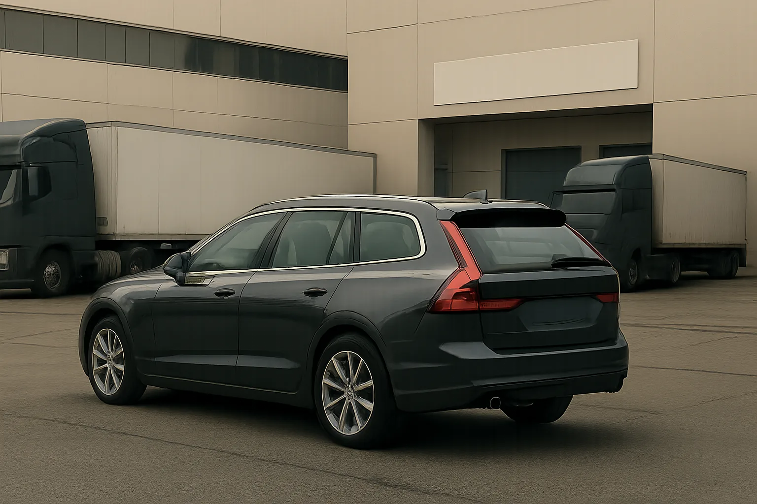A dark grey estate car parked in an industrial lot beside muted white and grey delivery trucks under overcast light
