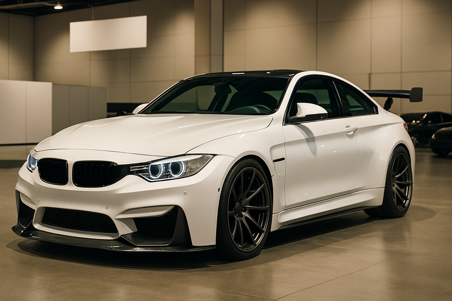 A white sports coupe with flared wheel arches, dark alloy wheels, carbon-fiber details and a tall rear wing in a showroom